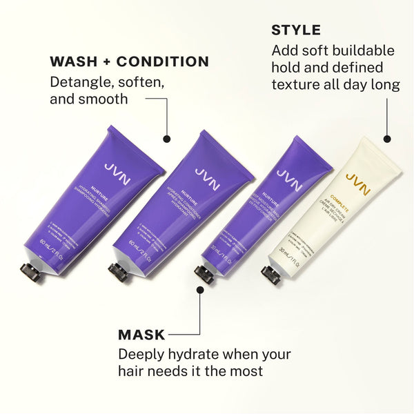 Product image of the Complete Hydration Set that points out the beneift for each product in set. The Travel Size Nurture Hydrating Shampoo and Conditioner detangles, softens, and smooths hair. The Travel Size Nurture Moisture Mask deeply hydrates when your hair needs it the most. The Travel Size Complete Air Dry Cream adds soft buildable hold and defined texture all day long.