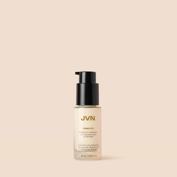 Product image of JVN Hair's Complete Blowout Styling Milk Travel on a pink background.