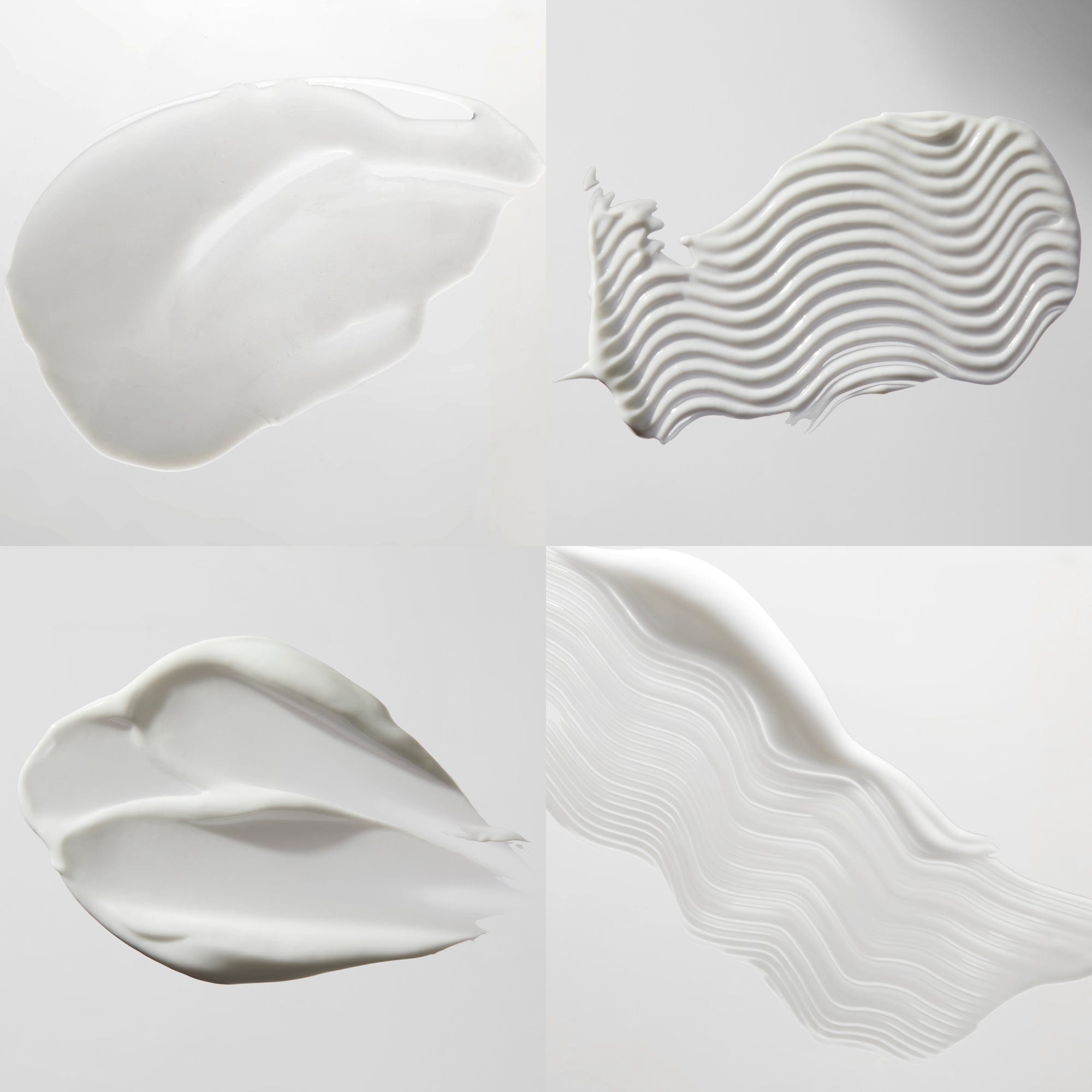 4 swatches (goop) of each product featured in the Complete Hydration Set. Swatch of the Travel Size Nurture Hydrating Shampoo, swatch of the Travel Size Nurture Hydrating Conditioner, swatch of Travel Size Nurture Moisture Mask, and swatch of Travel Size Complete Air Dry Cream.