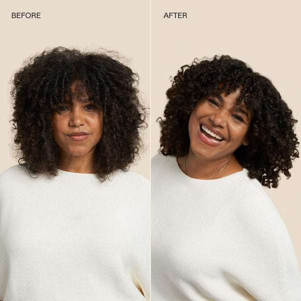 Before and After model photo with mid-length coily hair using JVN Hair Nurture Hydrating Shampoo.