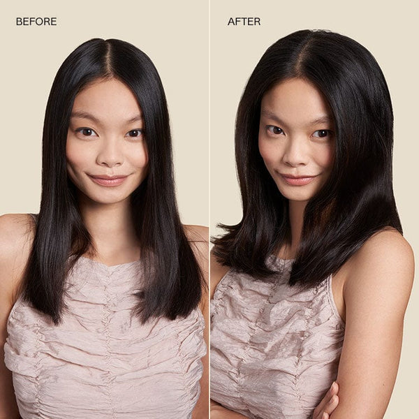 Before and After model photo with mid-length straight hair focusing on the scalp using JVN Hair Embody Daily Volumizing Conditioner.