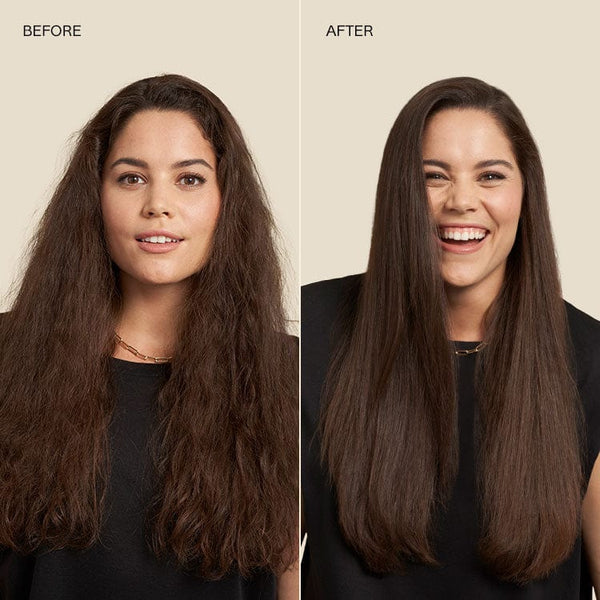 Before and After model photo with long wavy hair using JVN Hair Complete Instant Recovery Serum.