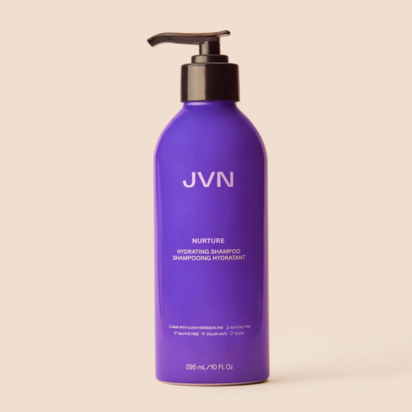 Nurture Hydrating Shampoo image of black pump with purple bottle.