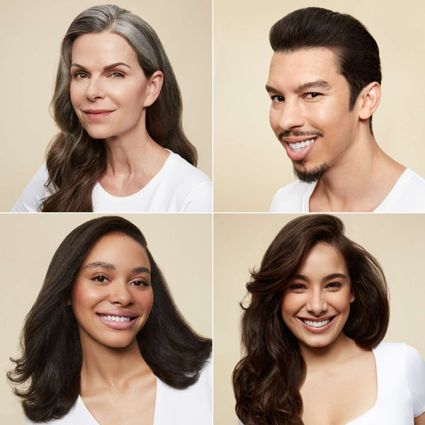 Image of four models who have used Complete Styling Blowout Milk. (left to right, top to bottom) Model with grey hair, model with short hair, model with long brown hair, and model with brown wavy hair.
