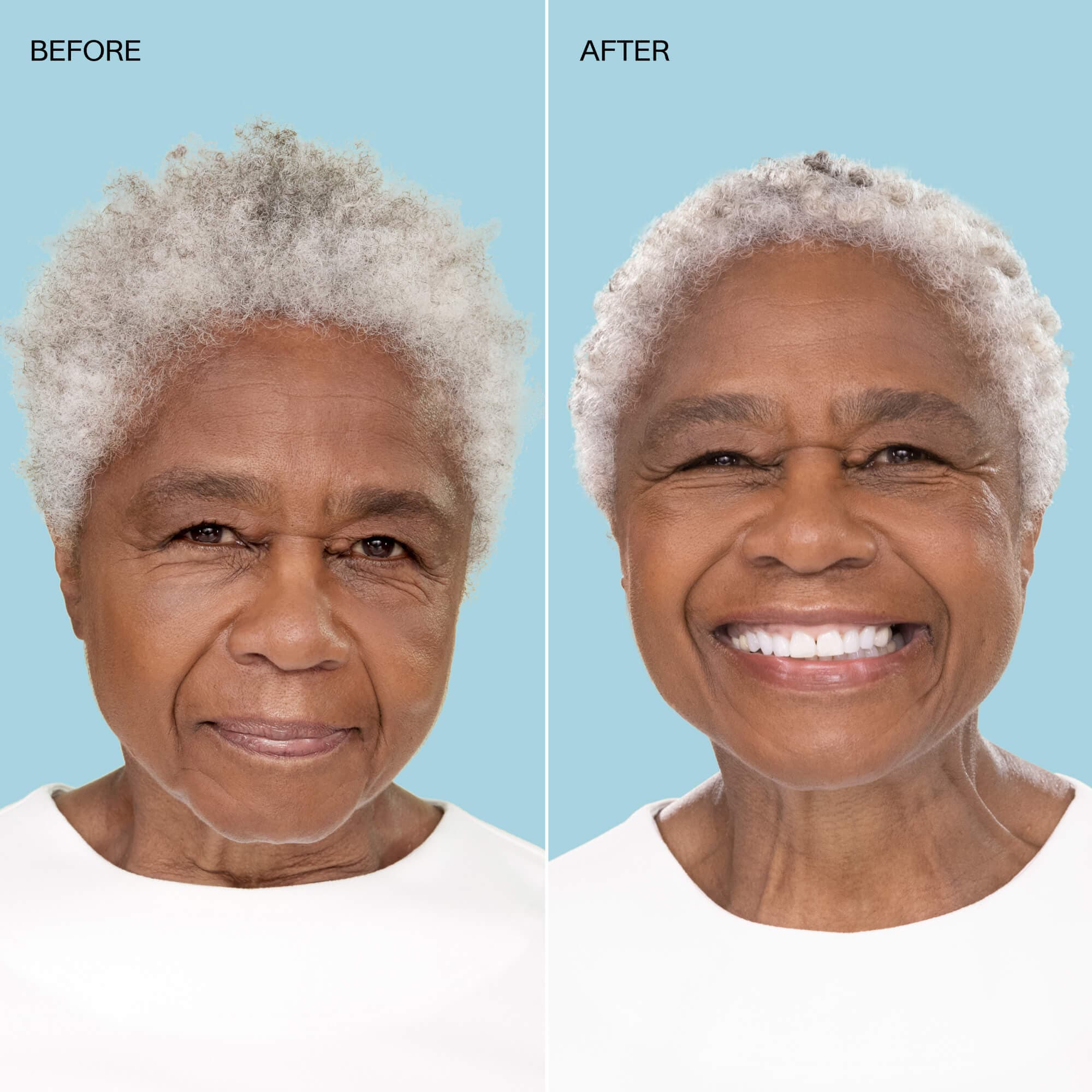 Image of model with grey coily hair, showing before using Complete Conditioning Mist on the left, and after image of using Complete Conditioning Mist