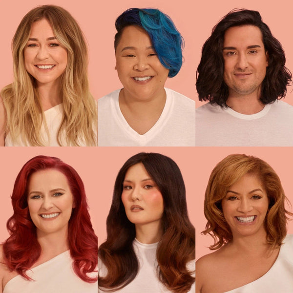 Six model images (left to right, top to bottom: long wavy dirty blonde hair, short blue hair, mid-length wavy hair, red long wavy hair, dark brown wavy hair, and short mid-length light brown hair) of using JVN Hair's Embody Volumizing Foam