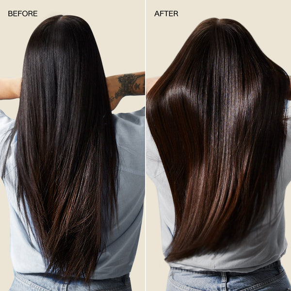 Before and After model photo with long straight hair using JVN Hair Complete Nourishing Shine Drops.