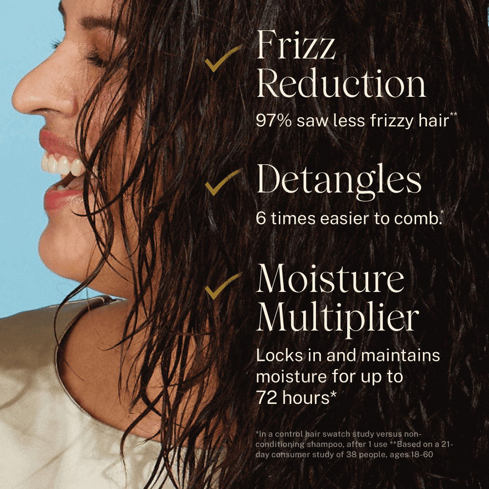 Conditioning mist benefits. Frizz reduction 97% saw less frizzy hair. Detangles 6 times easier to comb. Moisture multiplier locks in a maintains moisture for up to 72 hours.